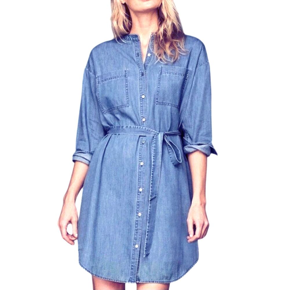 EILEEN FISHER Women’s Organic Cotton Chambray Button Up Belted Dress